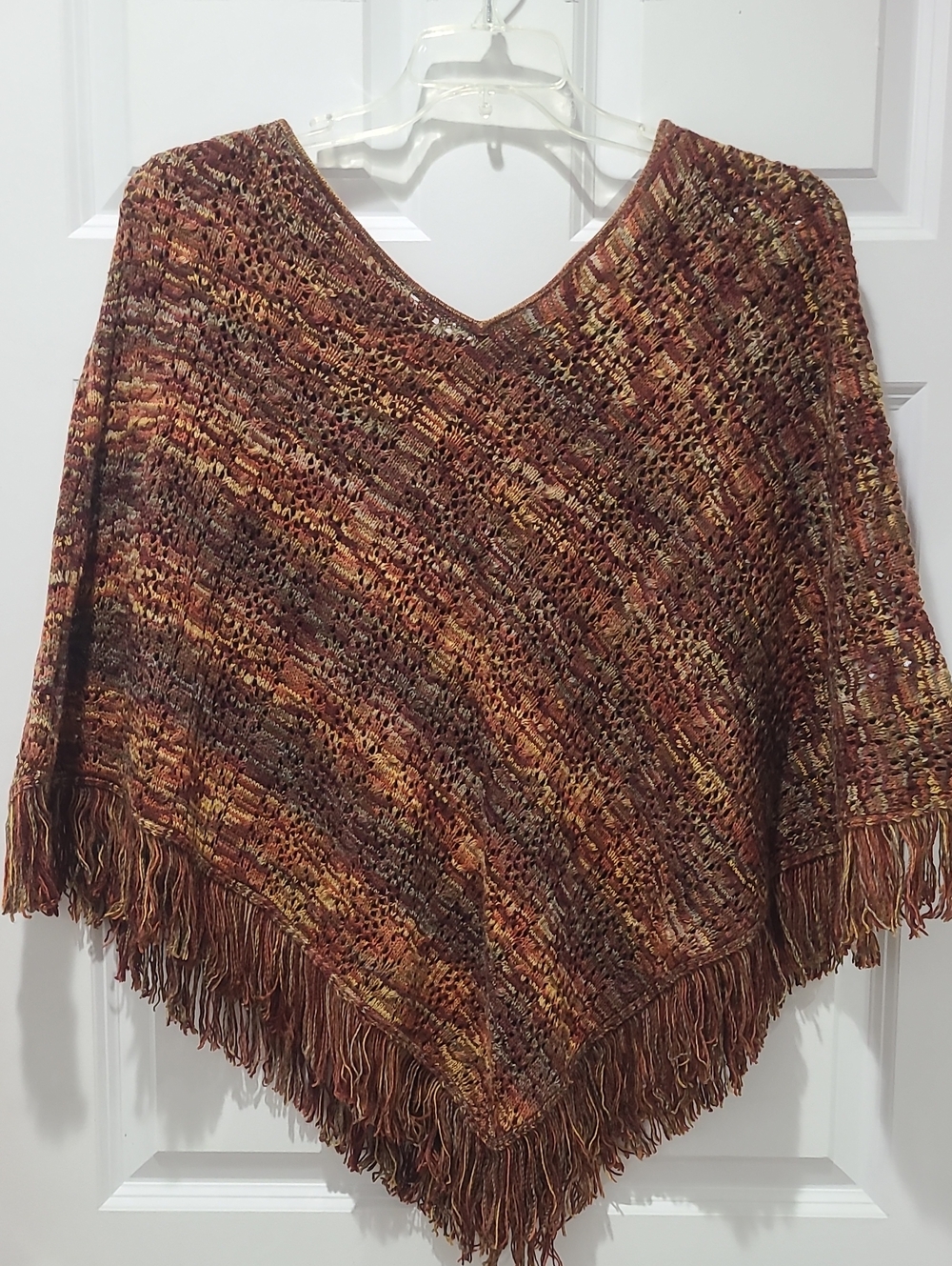 Alfred Dunner Brown Multicolor Fall Fringed BOHO V-Neck Crochet Sweater Poncho S
